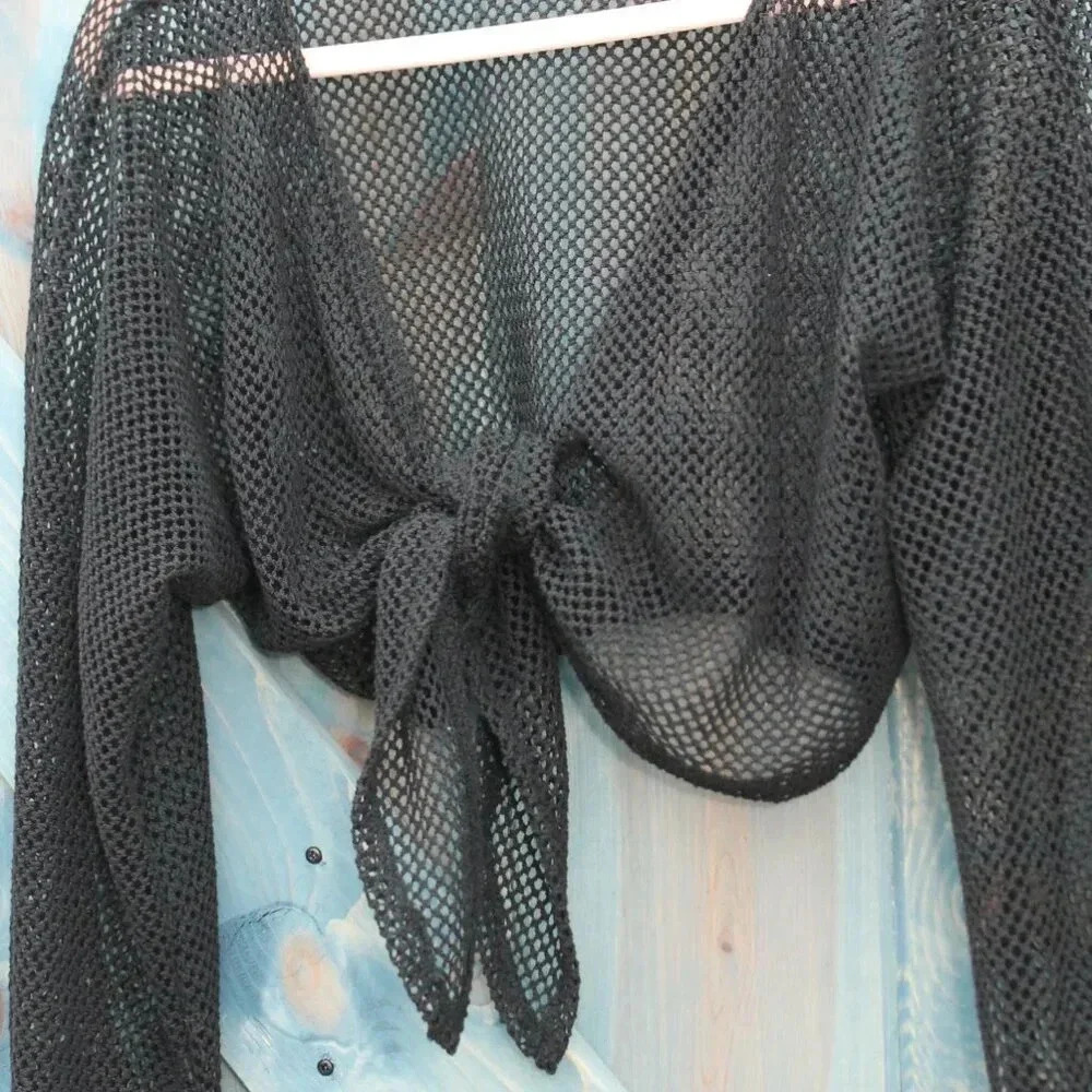 Black Mesh Tulum Resort Wear Bolero Swimsuit Cover Size Small Medium - Picture 5 of 8